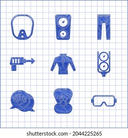 Set Wetsuit, Shell with pearl, Diving mask, Gauge scale, Scallop sea shell, Fishing harpoon,  and  icon. Vector