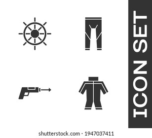 Set Wetsuit, Ship-Lenkrad, Fishing-Harpune und Icon. Vektorgrafik