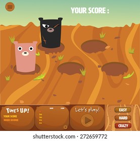 set of whack a bear gui interface theme game's design.it has menu,time up,score board and cute bear.