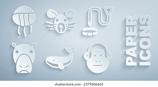 Set Whale, Collar with name tag, Hippo or Hippopotamus, Monkey, Rat head and Jellyfish icon. Vector