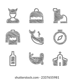Set Whale, Fur seal animal, Church building, Compass, Bottle of vodka, Sweater, Winter warm boot and Viking head icon. Vector