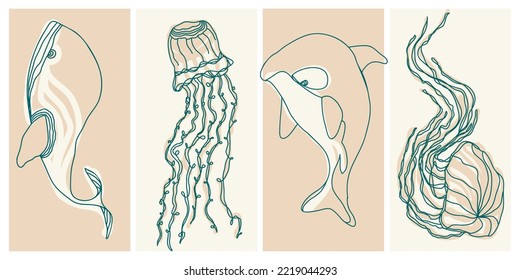 Set of whale and jellyfish vector illustration with line art style.