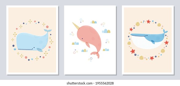 Set of whale and narwhal vector illustrations in pastel colors. Cute cartoon style whales and narwhal. For nursery decor, posters, banners, greeting cards, and more.