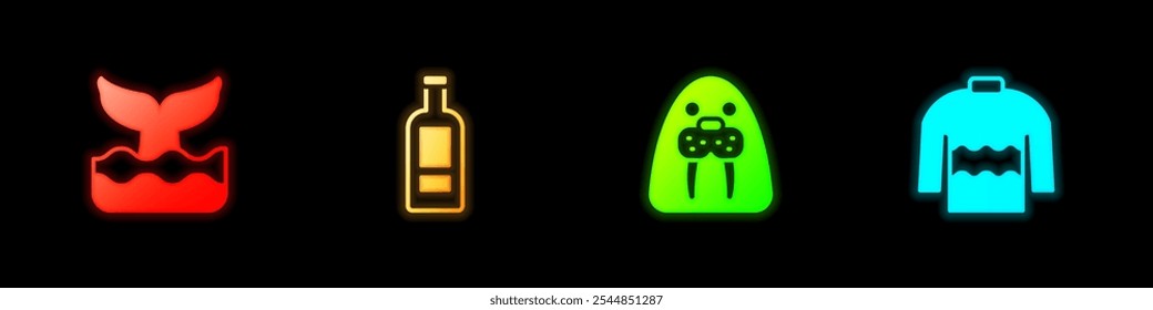Set Whale tail, Bottle of vodka, Walrus animal and Sweater icon. Vector