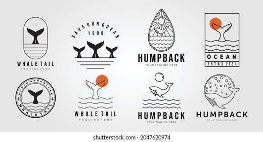 set of whale tail and collection of humpback on ocean logo vector illustration design