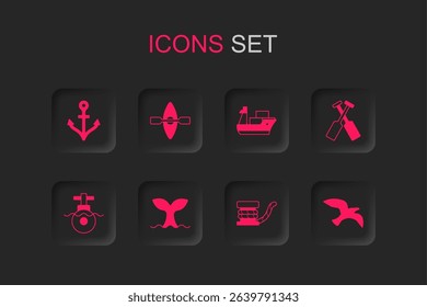 Set Whale tail, Kayak and paddle, Anchor, Marine bollard with rope, Crossed oars paddles boat, Bird seagull, Cargo ship and Submarine icon. Vector