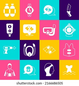 Poner cola de ballena, chaleco salvavidas, Aqualung, Flippers para nadar, Escala de indicadores y Máscara de buceo con icono de snorkel. Vector