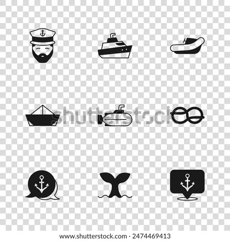 Set Whale tail, Nautical rope knots, Anchor, Submarine, Inflatable boat with motor, Captain of ship, Speedboat and Folded paper icon. Vector