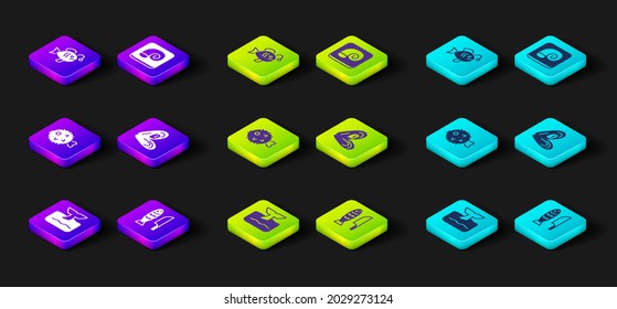 Set Whale tail in ocean wave, Fish with sliced pieces, hedgehog, Mussel, Octopus on plate and Tropical fish icon. Vector