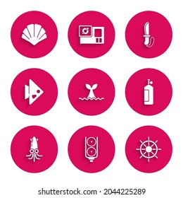 Set Whale tail in ocean wave, Gauge scale, Ship steering wheel, Aqualung, Octopus, Fish, Knife and Scallop sea shell icon. Vector