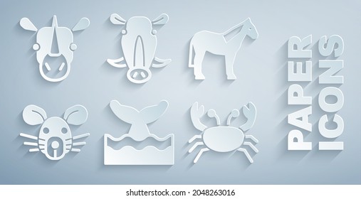 Whale Schwanz in Ozeanwelle setzen, Pferde, Rattenkopf, Krebse, Wildschweine und Rhinozeros Symbol. Vektorgrafik