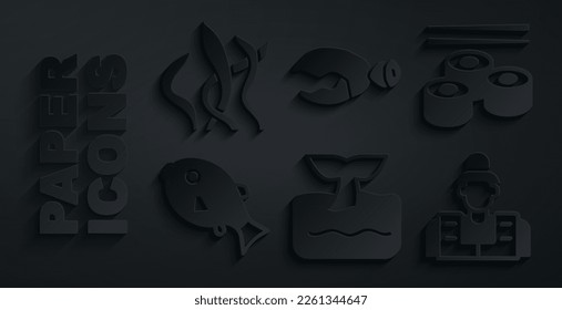 Set Whale tail in ocean wave, Sushi, Tropical fish, Fisherman, Lobster or crab claw and Seaweed icon. Vector