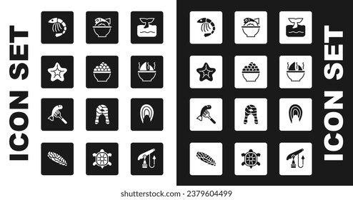 Set Whale tail in ocean wave, Caviar, Starfish, Shrimp, Shark fin soup, Served on bowl, Fish steak and plate icon. Vector