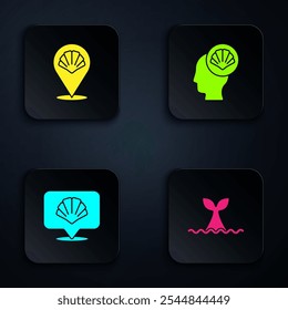 Set Whale tail in ocean wave, Scallop sea shell,  and . Black square button. Vector