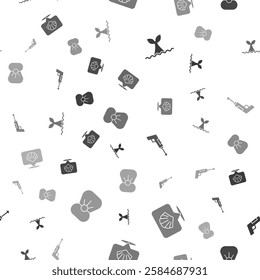Set Whale tail in ocean wave, Scallop sea shell, Fishing harpoon and Shell with pearl on seamless pattern. Vector