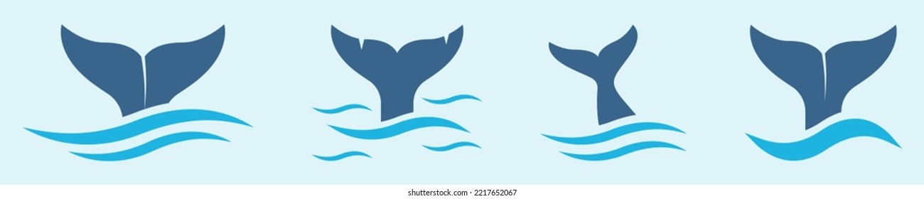Conjunto de iconos vectoriales de cola de ballena. Cola de pescado y ola azul del mar. Ballena sumergida en el agua. Vector 10 Eps.