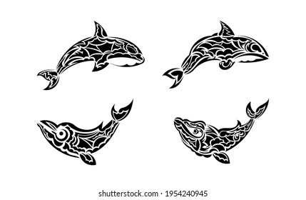 Juego de tatuajes de ballena al estilo boho. Aislado. Vector 