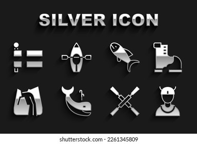 Set Whale, Winter warm boot, Viking head, Oars or paddles boat, Waterfall, Fish, Flag of Iceland and Kayak icon. Vector