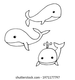Set of whales, vector illustration, doodles, hand drawn