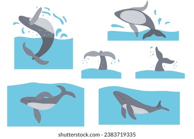 Set with whales, World Whale Day banner or card, ecology concept stop ocean pollution and say no to plastic, vector illustration