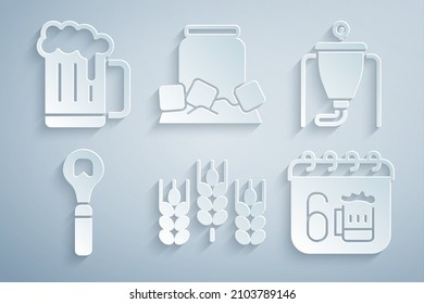Establece el trigo, el proceso de elaboración de cerveza, el abrebotellas, el calendario del día de Saint Patricks, la lata de cerveza fría y el icono de la taza de madera. Vector