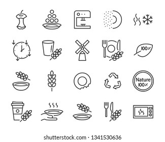 set of wheat bran tableware icons, such as process, bowl, bite, product, nature, plate made form wheat bran