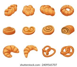 A set of wheat buns, pretzels and croissants. Vector illustration on a white background