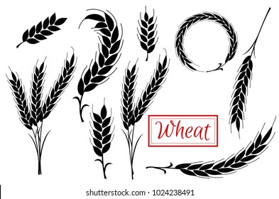 Set Wheat Ears black Icons and Logo. For Identity Style of Natural Product Company. Organic wheat, bread agriculture. Flat design. isolated on white background