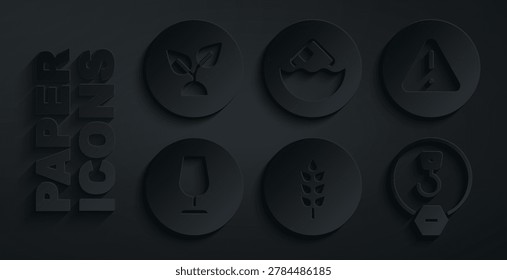 Set Wheat, Exclamation mark in triangle, Fragile broken glass, Industrial hook, Carton cardboard box and Plant based icon. Vector
