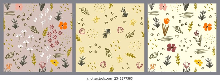 Set Wheat field. Seamless pattern of abstract drawings of wheat ears on the field. Simple food doodle modern design for printing on fabric, paper, bakery packaging, background, cover Vector botanical