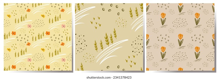 Set Wheat field. Seamless pattern of abstract drawings of wheat ears on the field. Simple food doodle modern design for printing on fabric, paper, bakery packaging, background, cover Vector botanical