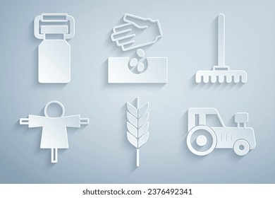 Set Wheat, Garden rake, Scarecrow, Tractor, Seeds and Can container for milk icon. Vector