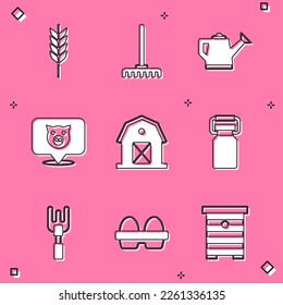 Set Wheat, Garden rake, Watering can, Pig, Farm house, Can container for milk,  and Chicken egg box icon. Vector