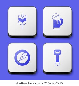 Set Wheat, Glass of beer, Dried fish and Bottle opener icon. White square button. Vector