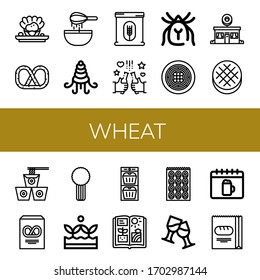 Set of wheat icons. Such as Shellfish, Pretzel, Dough, Flour, Beer, Mite, Spaghetti, Donut shop, Round bread, Noodles, Celery, Crops, Muffin, Agriculture, Bagel , wheat icons