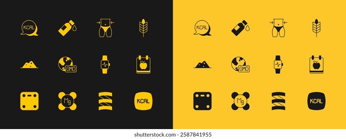 Set Wheat, Magnesium, Smart watch with heart, Sports nutrition proteine, GMO, Women waist, Kcal and Bottle of water icon. Vector