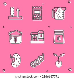 Set Wheat, Pack full of seeds of plant, Measuring cup, Bag flour, Farm house, coffee beans, Seed and Green peas icon. Vector
