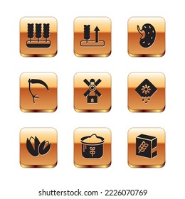 Set Wheat, Pistachio nuts, Bag of flour, Windmill, Scythe, Seed, Flour pack and icon. Vector