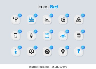 Set Wheat, Salami sausage, Pack of beer bottles, Beer, Bottle opener, Wooden barrel, Dried fish and  icon. Vector
