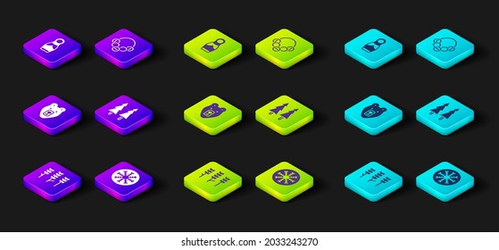 Set Wheat, Snowflake, Bear head, Christmas tree, Russian bagels and doll matryoshka icon. Vector