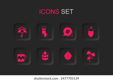 Set Wheat, Socks, Umbrella and rain drops, Leaf, Acorn, Mushroom,  and Cup of tea icon. Vector