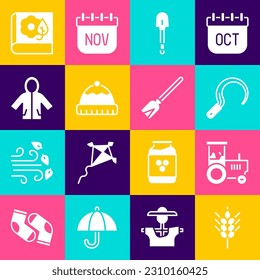 Set Wheat, Tractor, Sickle, Shovel, Winter hat, Raincoat, Herbarium and Handle broom icon. Vector