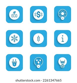 Set Wheat, Water drop forbidden, Temperature wash, Information, Electric plug, Snowflake, No direct sunlight and Leaf Eco symbol icon. Vector