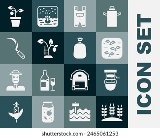 Set Wheat, Well with bucket, Plant, Garden worker clothes, Strawberry bush, Sickle, in pot and Full sack icon. Vector