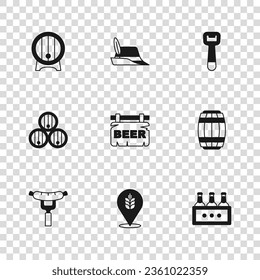 Set Wheat, Wooden barrel, Pack of beer bottles, Street signboard with Beer, Bottle opener, on rack, Oktoberfest hat and  icon. Vector