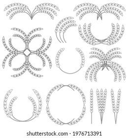 Set of wheat wreaths and grain spikes. Line and outline vector clipart and drawings. Black and white illustrations and pictograms. 