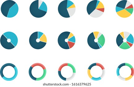 Set of wheel chart icons or round diagrams with various sectors isolated on white background