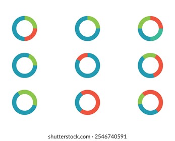 Ensemble d'icônes de diagramme de roue ou de diagrammes ronds avec divers secteurs isolés sur fond blanc