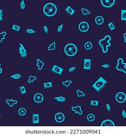 Set Wheel in fire flame, Racing track, steering wheel and helmet on seamless pattern. Vector
