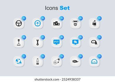 Set Wheel in fogo chama, chave chave chave, volante de corrida, capacete, velocímetro, espelho do carro e ícone Pit stop. Vetor